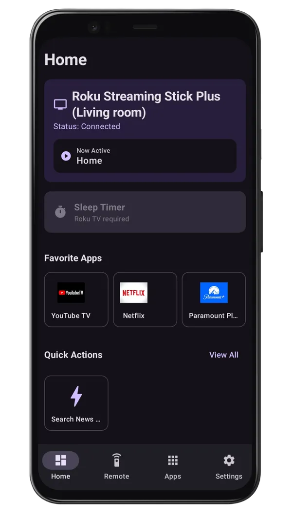 Aruk: TV Remote App Home tab - Status and Favorites