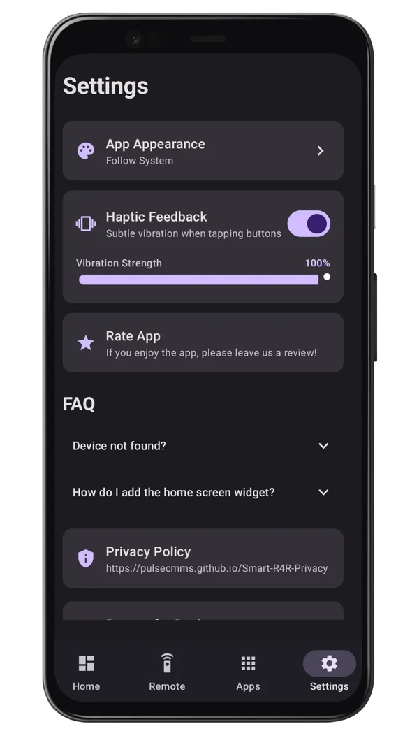 Aruk: TV Remote App Settings tab