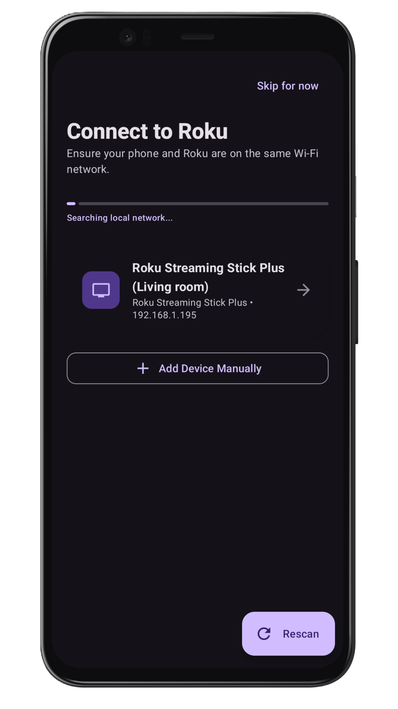 Roku TV Remote Control App Auto Discovery Screen