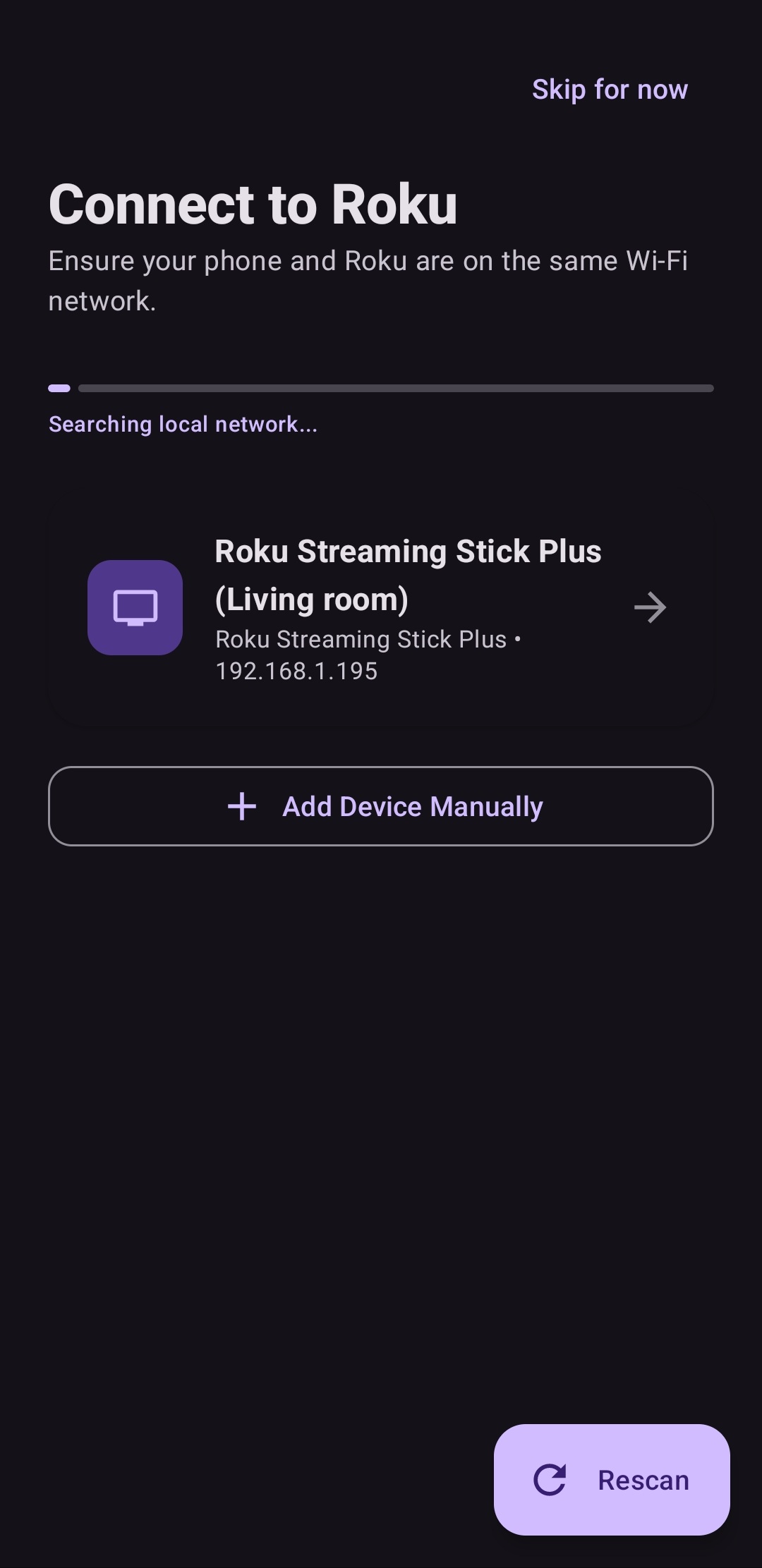 Roku TV Remote Control App Home Screen - Device Discovery