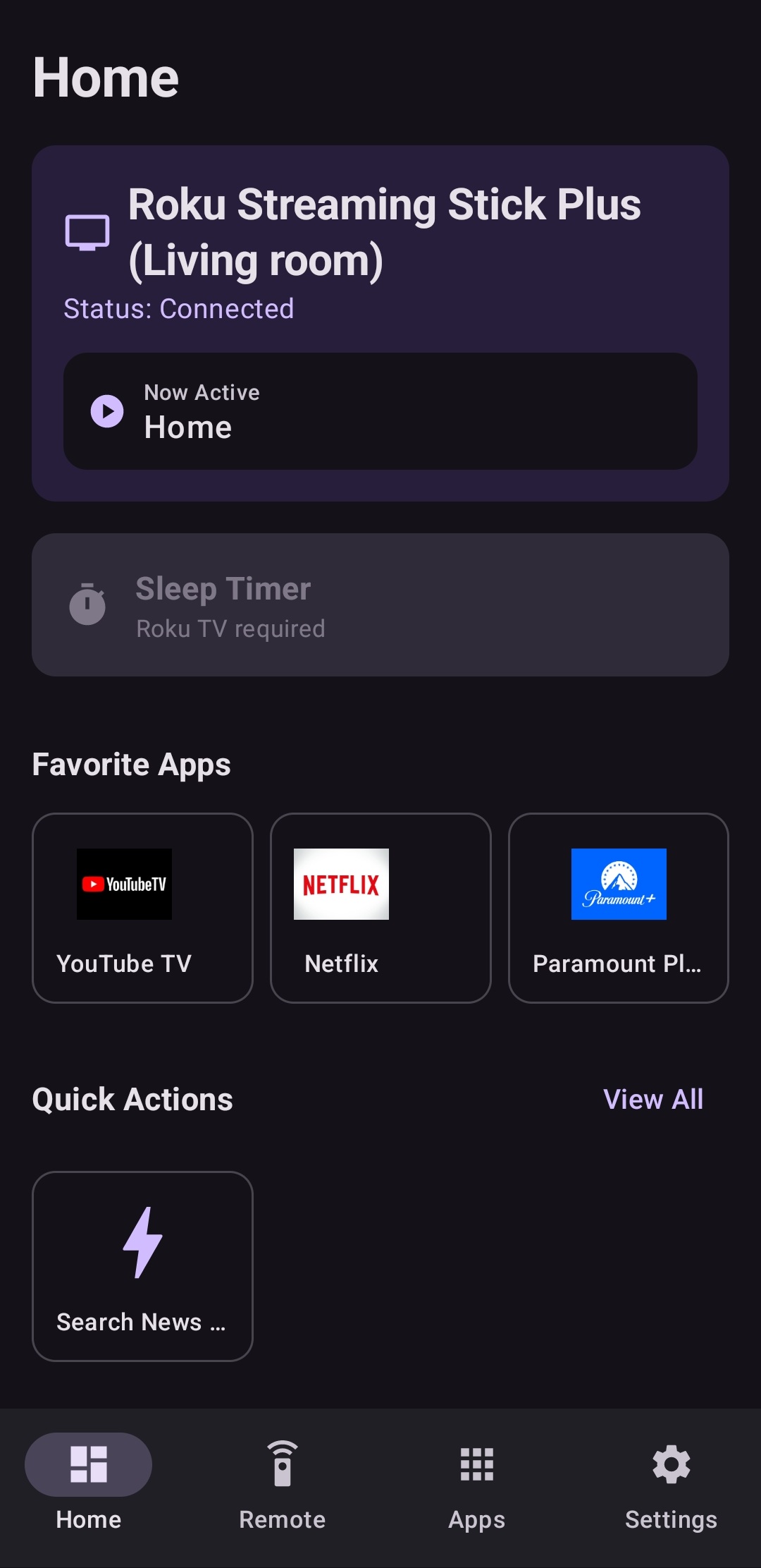 Roku TV Remote Control App Home tab - View Roku TV Status and Favorites